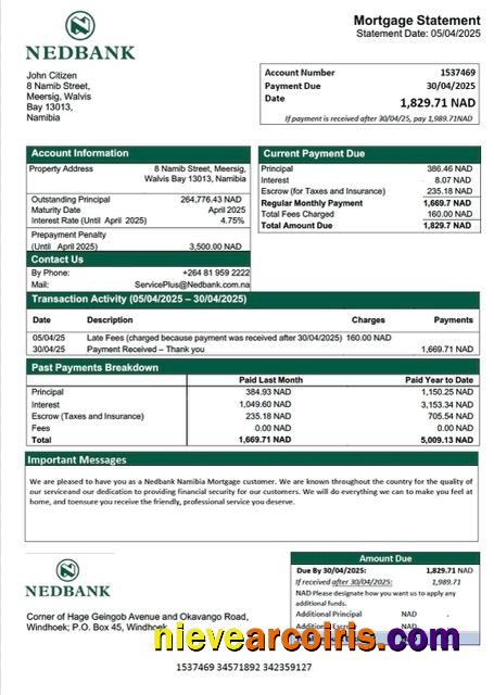 Realistic Namibia Nedbank Namibia Limited Mortgage Statement Word And PDF Template