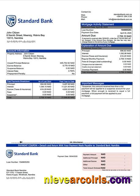 Editable Namibia Standard Bank Namibia Mortgage Statement Word And PDF Template