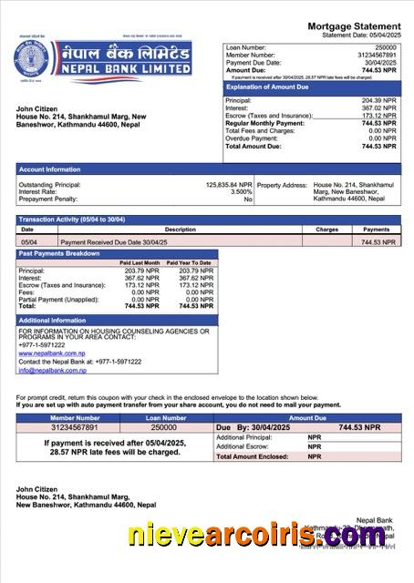 Realistic Nepal Bank Mortgage Statement Word And PDF Template