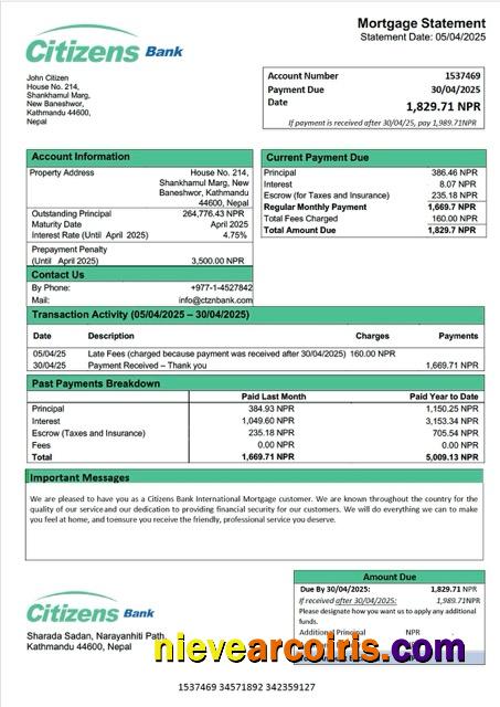 Professional Nepal Citizens Bank International Mortgage Statement Word And PDF Template