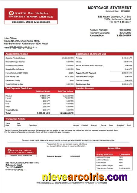 Realistic Nepal Everest Bank Mortgage Statement Word And PDF Template