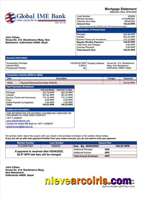 Realistic Nepal Global IME Bank Mortgage Statement Word And PDF Template