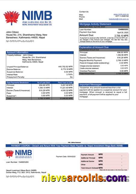 Premium Nepal Investment Mega Bank (NIMB) Mortgage Statement Word And PDF Template