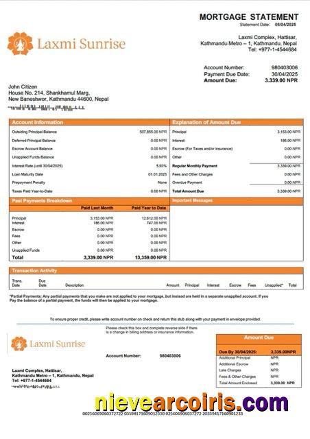 Professional Nepal Laxmi Sunrise Bank Mortgage Statement Word And PDF Template