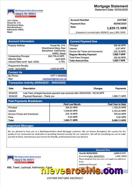 Realistic Nepal Machhapuchchhre Bank Mortgage Statement Word And PDF Template