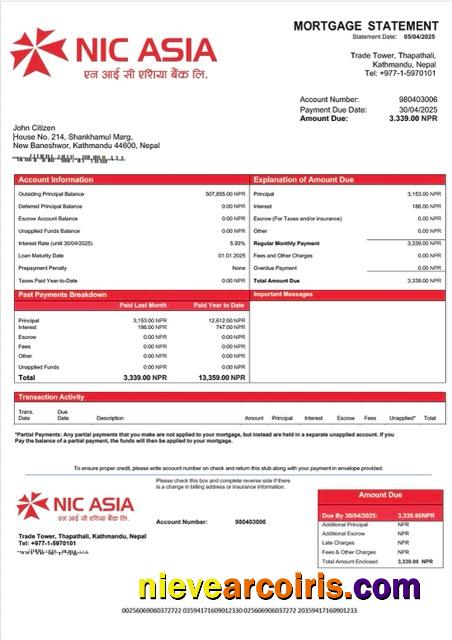 Professional Nepal NIC Asia Bank Mortgage Statement Word And PDF Template