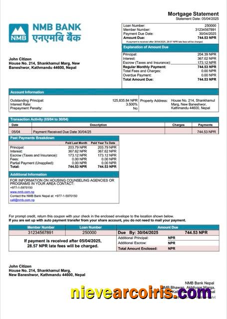 Editable Nepal NMB Bank Nepal Mortgage Statement Word And PDF Template