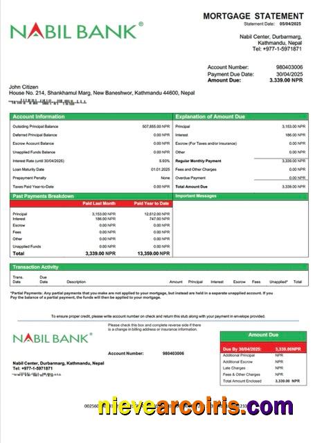 Realistic Nepal Nabil Bank Mortgage Statement Word And PDF Template
