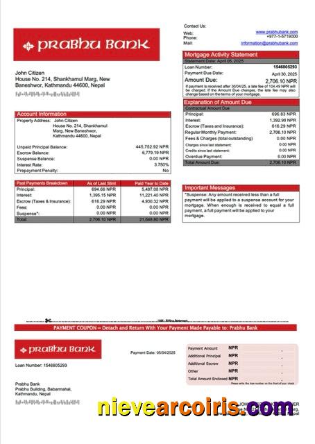Realistic Nepal Prabhu Bank Mortgage Statement Word And PDF Template