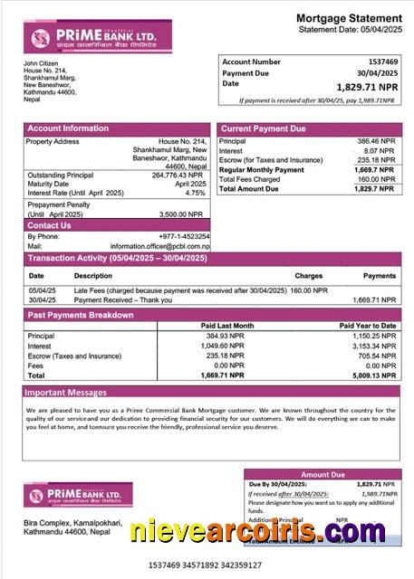 Professional Nepal Prime Commercial Bank Mortgage Statement Word And PDF Template