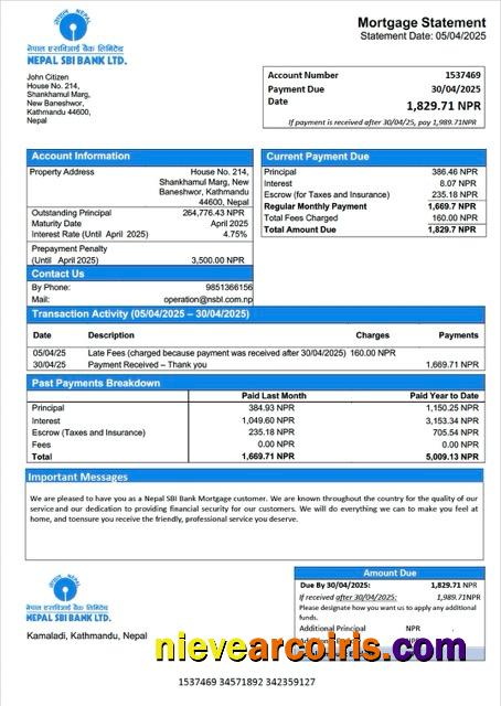 Professional Nepal SBI Bank Mortgage Statement Word And PDF Template