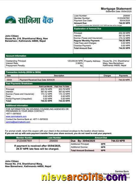 Editable Nepal Sanima Bank Mortgage Statement Word And PDF Template