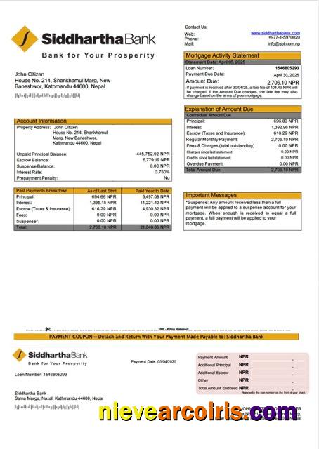 Realistic Nepal Siddhartha Bank Mortgage Statement Word And PDF Template