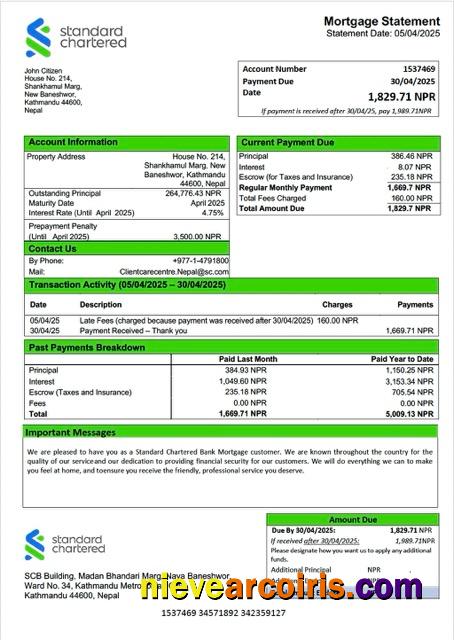 Professional Nepal Standard Chartered Bank Mortgage Statement Word And PDF Template