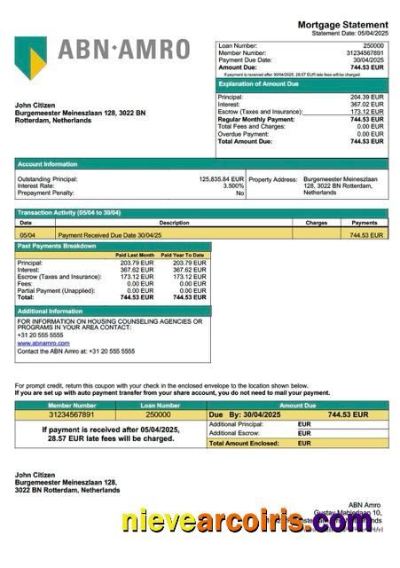 Professional Netherlands ABN Amro Mortgage Statement Word And PDF Template