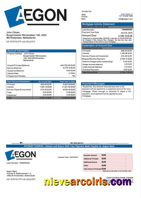 Realistic Netherlands Aegon Bank Mortgage Statement Word And PDF Template