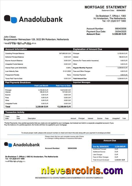 Premium Netherlands Anadolubank Nederland Mortgage Statement Word And PDF Template