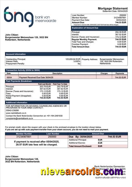 Realistic Netherlands Bank Nederlandse Gemeenten Mortgage Statement Word And PDF Template