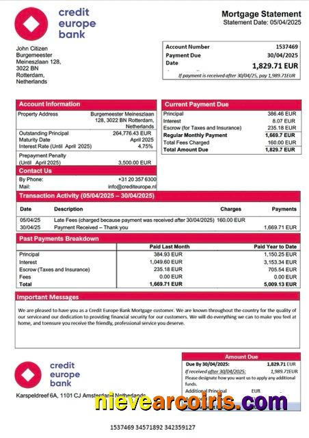 Editable Netherlands Credit Europe Bank Mortgage Statement Word And PDF Template