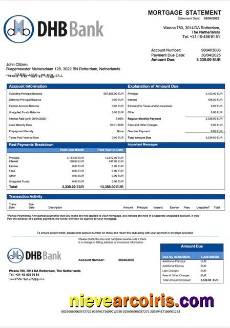 Realistic Netherlands DHB Bank Mortgage Statement Word And PDF Template