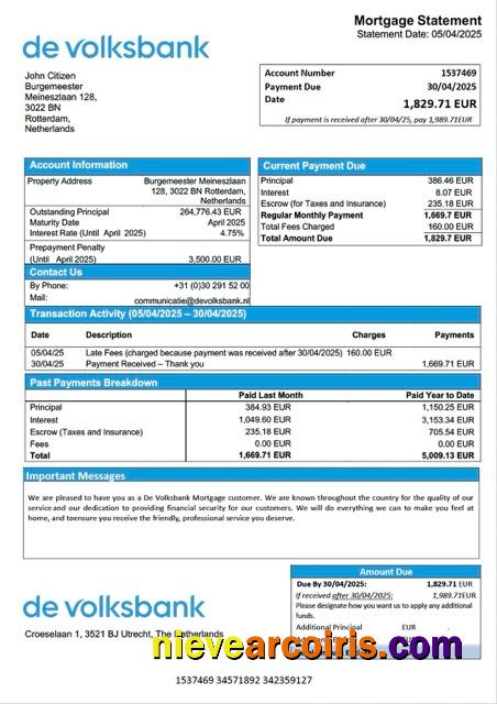 Professional Netherlands De Volksbank Mortgage Statement Word And PDF Template
