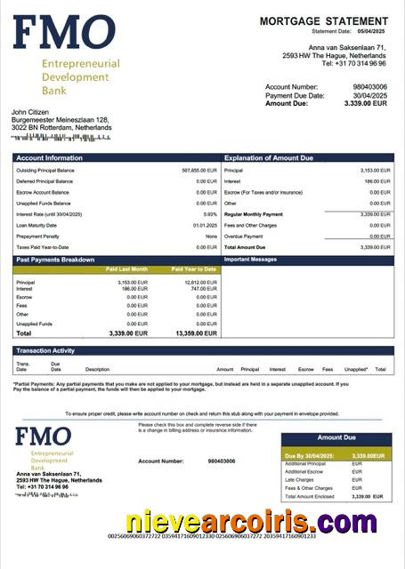 Premium Netherlands FMO Bank Mortgage Statement Word And PDF Template
