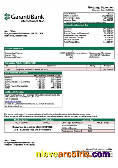 Professional Netherlands GarantiBank International NV Mortgage Statement Word And PDF Template
