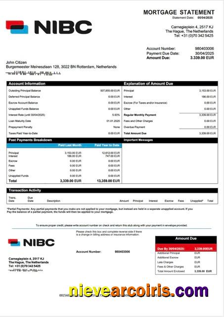 Professional Netherlands NIBC Bank Mortgage Statement Word And PDF Template