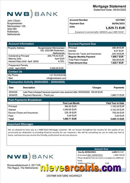 Editable Netherlands NWB Bank Mortgage Statement Word And PDF Template