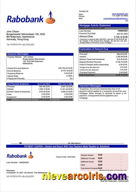 Editable Netherlands Rabobank Mortgage Statement Word And PDF Template