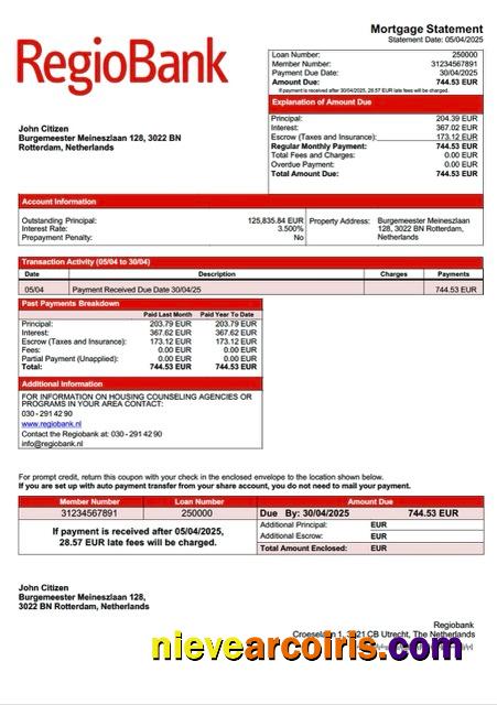 Professional Netherlands Regiobank Mortgage Statement Word And PDF Template