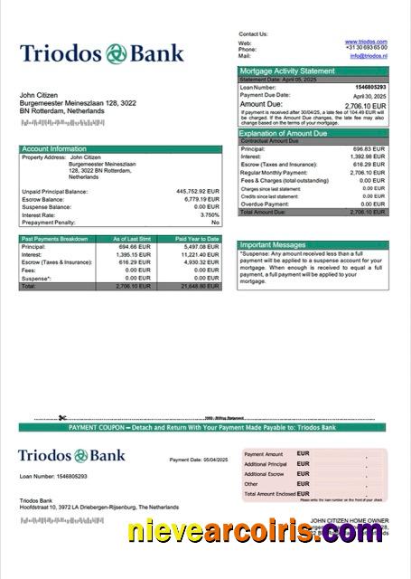 Realistic Netherlands Triodos Bank Mortgage Statement Word And PDF Template