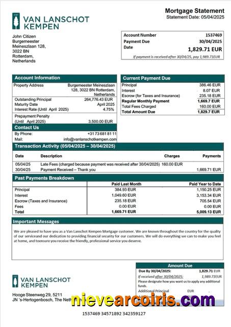 Premium Netherlands Van Lanschot Kempen Mortgage Statement Word And PDF Template