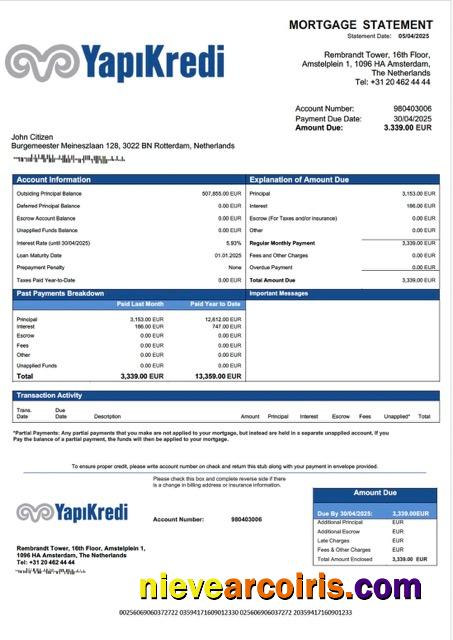 Premium Netherlands Yapi Kredi Bank Nederland Mortgage Statement Word And PDF Template