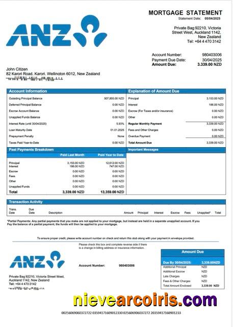 Realistic New Zealand ANZ Bank Mortgage Statement Word And PDF Template