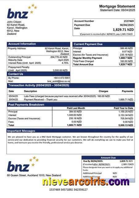 Realistic New Zealand BNZ Bank Mortgage Statement Word And PDF Template