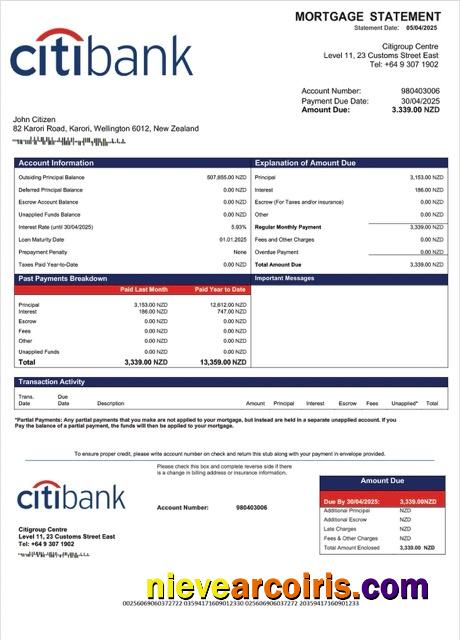 Professional New Zealand Citibank New Zealand Mortgage Statement Word And PDF Template