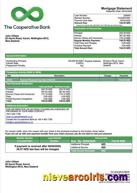 Editable New Zealand Co Operative Bank Mortgage Statement Word And PDF Template