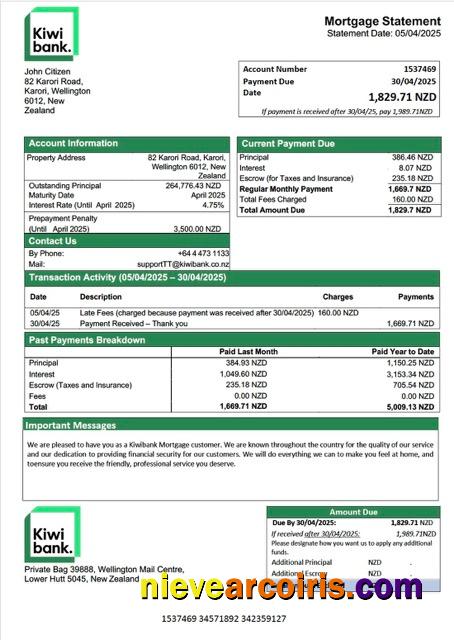 Premium New Zealand Kiwibank Mortgage Statement Word And PDF Template