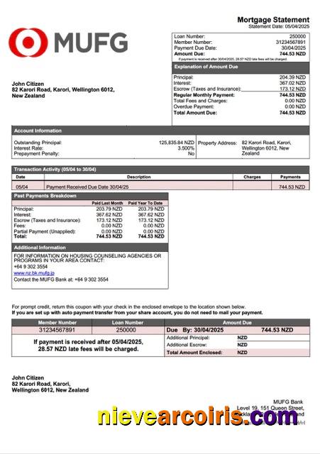 Editable New Zealand MUFG Bank Mortgage Statement Word And PDF Template