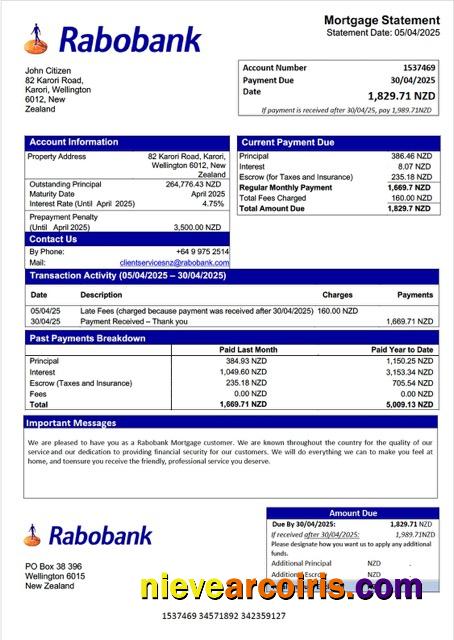 Editable New Zealand Rabobank Mortgage Statement Word And PDF Template