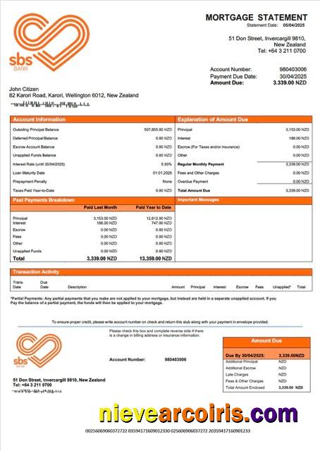 Premium New Zealand SBS Bank Mortgage Statement Word And PDF Template