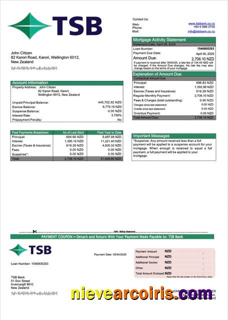 Realistic New Zealand TSB Bank Mortgage Statement Word And PDF Template