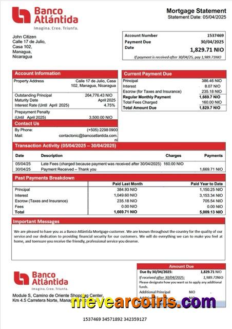 Realistic Nicaragua Banco Atlántida Mortgage Statement Word And PDF Template