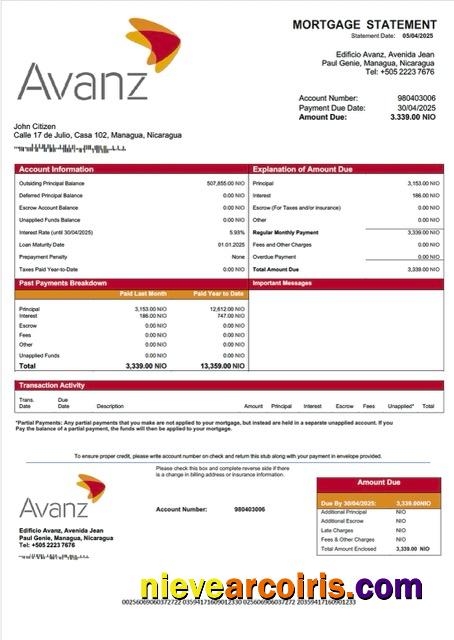 Realistic Nicaragua Banco Avanz Mortgage Statement Word And PDF Template