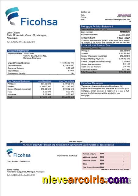 Editable Nicaragua Banco Ficohsa Mortgage Statement Word And PDF Template