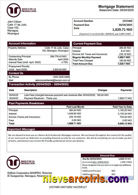 Premium Nicaragua Banco De La Producción Mortgage Statement Word And PDF Template