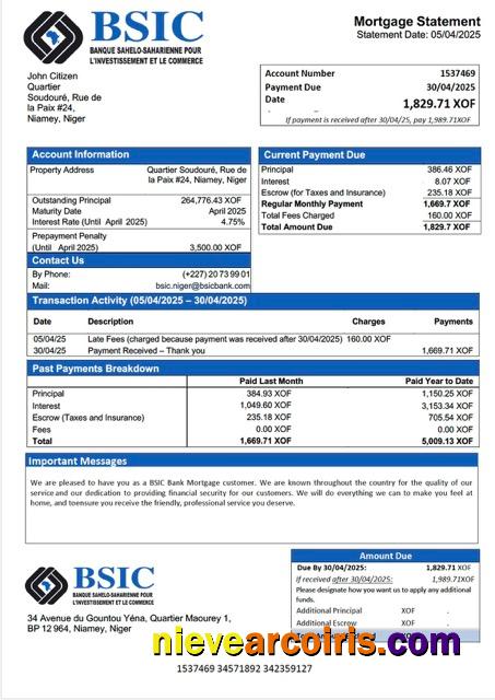 Editable Niger BSIC Bank Mortgage Statement Word And PDF Template