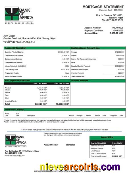 Premium Niger Bank Of Africa Mortgage Statement Word And PDF Template
