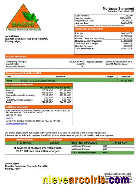 Professional Niger Banque Agricole Du Niger Mortgage Statement Word And PDF Template